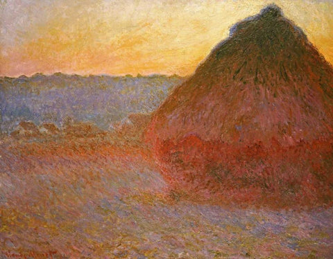 Haystacks, Pink and Blue Impressions White Modern Wood Framed Art Print with Double Matting by Monet, Claude