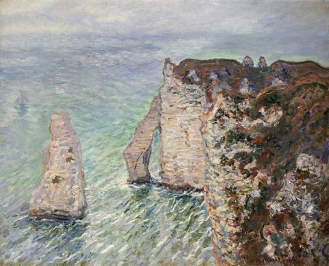 LAiguille et la Porte dAval, Etretat White Modern Wood Framed Art Print with Double Matting by Monet, Claude