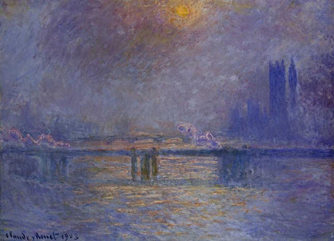 Charing Cross Bridge, The Thames White Modern Wood Framed Art Print with Double Matting by Monet, Claude