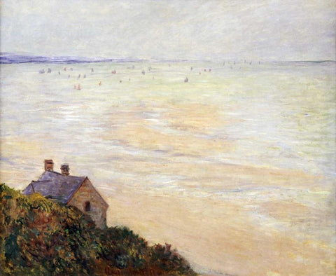 The Hut at Trouville; Low Tide White Modern Wood Framed Art Print with Double Matting by Monet, Claude