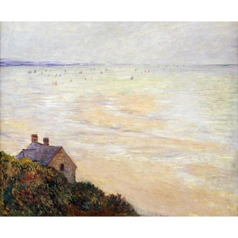 The Hut at Trouville; Low Tide White Modern Wood Framed Art Print by Monet, Claude