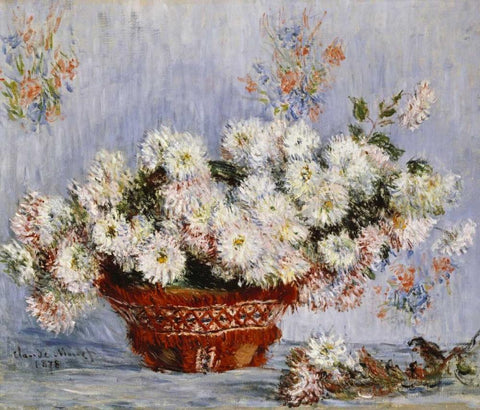 Chrysanthemums White Modern Wood Framed Art Print with Double Matting by Monet, Claude