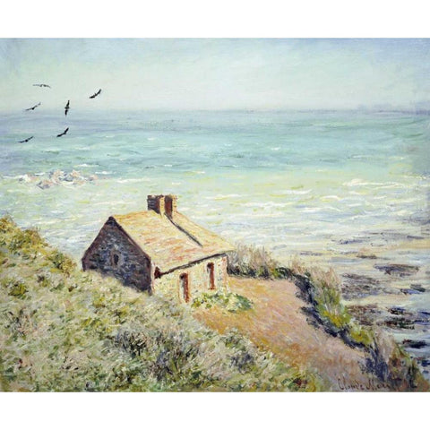 The Customs Hut, Morning White Modern Wood Framed Art Print by Monet, Claude