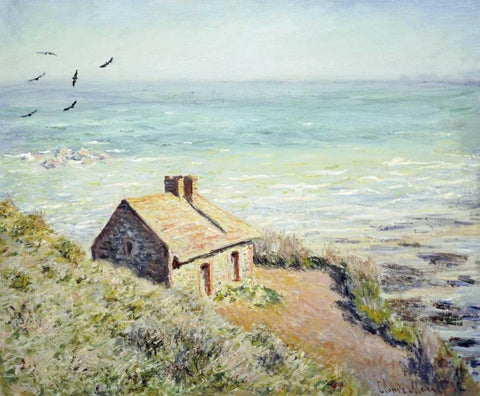 The Customs Hut, Morning White Modern Wood Framed Art Print with Double Matting by Monet, Claude