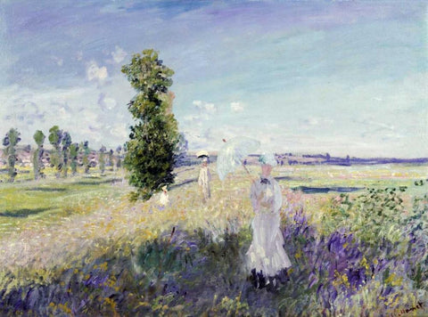 La Promenade - Argenteuil, 1875 White Modern Wood Framed Art Print with Double Matting by Monet, Claude