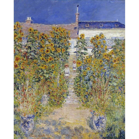 The Artists Garden at Vetheuil Black Modern Wood Framed Art Print with Double Matting by Monet, Claude