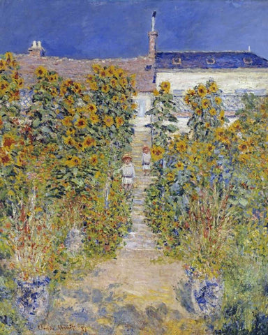 The Artists Garden at Vetheuil White Modern Wood Framed Art Print with Double Matting by Monet, Claude