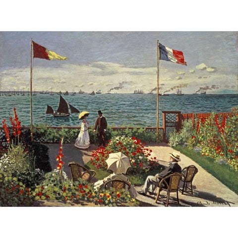 The Terrace at Sainte-Adresse Gold Ornate Wood Framed Art Print with Double Matting by Monet, Claude