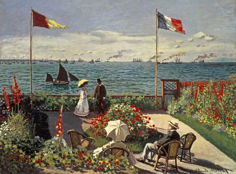The Terrace at Sainte-Adresse White Modern Wood Framed Art Print with Double Matting by Monet, Claude