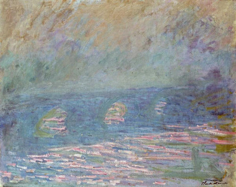 Waterloo Bridge White Modern Wood Framed Art Print with Double Matting by Monet, Claude