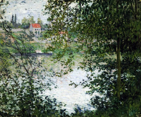 The Island of La Grande Jatte, Through the Trees White Modern Wood Framed Art Print with Double Matting by Monet, Claude