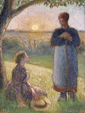 Country Women Chatting, Sunset, Eragny White Modern Wood Framed Art Print with Double Matting by Pissarro, Camille