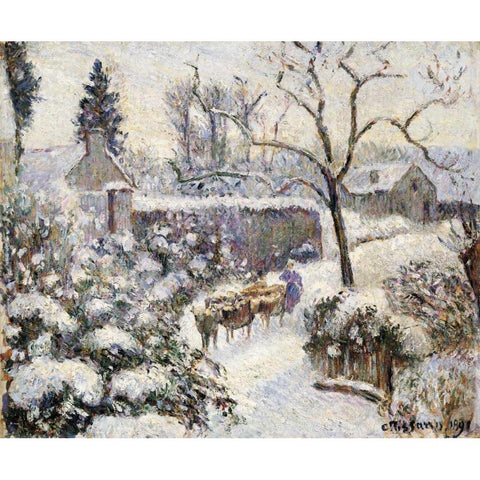 Snow at Montfoucault Gold Ornate Wood Framed Art Print with Double Matting by Pissarro, Camille