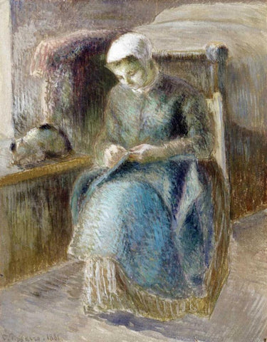Woman Sewing White Modern Wood Framed Art Print with Double Matting by Pissarro, Camille