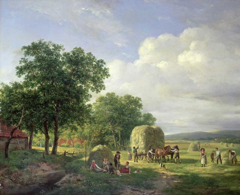 A Wooded Landscape With Haymakers White Modern Wood Framed Art Print with Double Matting by Van De Sande Bakhuyzen, Hendrik