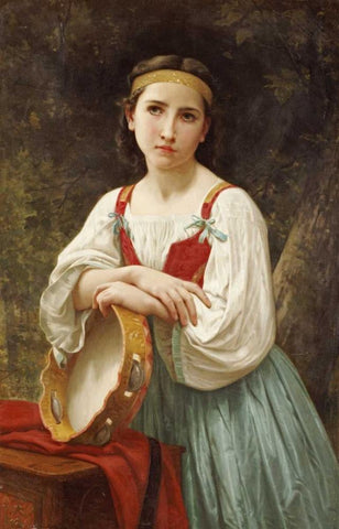 Basque Gipsy Girl With Tambourine White Modern Wood Framed Art Print with Double Matting by Bouguereau, William-Adolphe