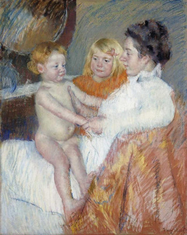 Mother, Sara and The Baby White Modern Wood Framed Art Print with Double Matting by Cassatt, Mary