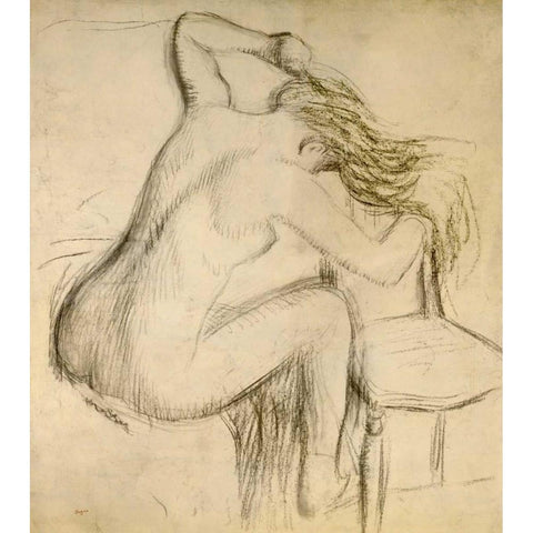 A Seated Woman Styling Her Hair White Modern Wood Framed Art Print by Degas, Edgar