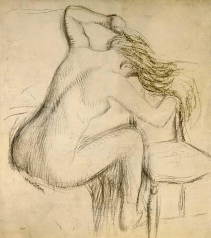 A Seated Woman Styling Her Hair White Modern Wood Framed Art Print with Double Matting by Degas, Edgar