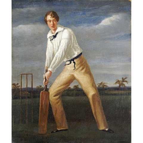 A Cricketer at The Crease White Modern Wood Framed Art Print by English School