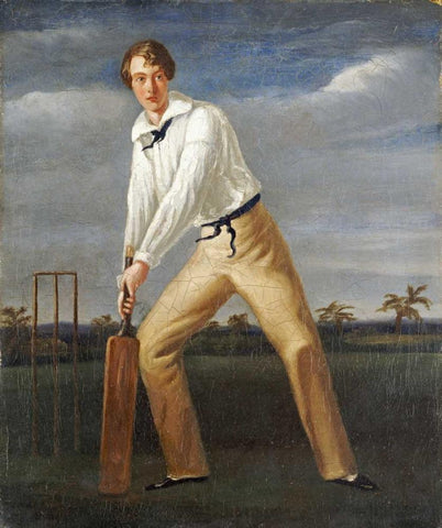 A Cricketer at The Crease White Modern Wood Framed Art Print with Double Matting by English School