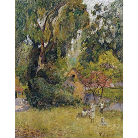 Huts Under The Trees Gold Ornate Wood Framed Art Print with Double Matting by Gauguin, Paul