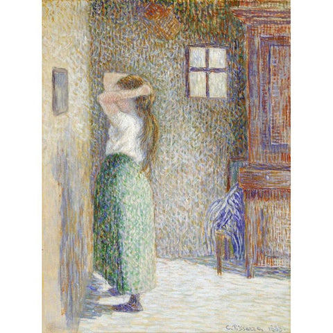 Country Girl at Her Toilet Black Modern Wood Framed Art Print with Double Matting by Pissarro, Camille