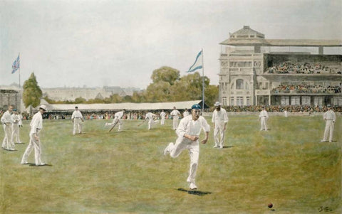 Cricket at Lords White Modern Wood Framed Art Print with Double Matting by Wollen, W.B.