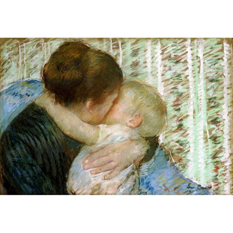 A Goodnight Hug Black Modern Wood Framed Art Print with Double Matting by Cassatt, Mary