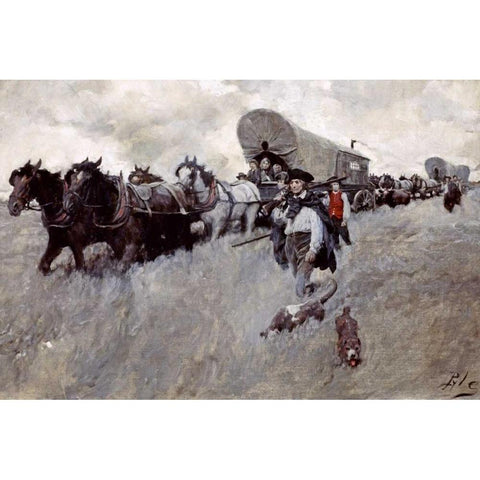 The Connecticut Settlers Entering The Western Reserve Gold Ornate Wood Framed Art Print with Double Matting by Pyle, Howard