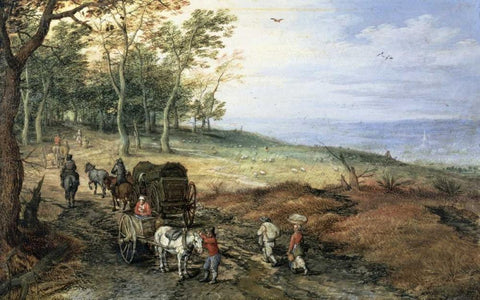 A Wooded Landscape with Travelers White Modern Wood Framed Art Print with Double Matting by Jan Brueghel the Elder