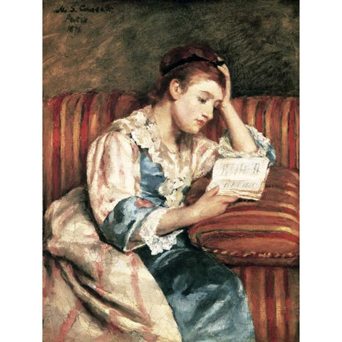 Young Woman Reading Gold Ornate Wood Framed Art Print with Double Matting by Cassatt, Mary