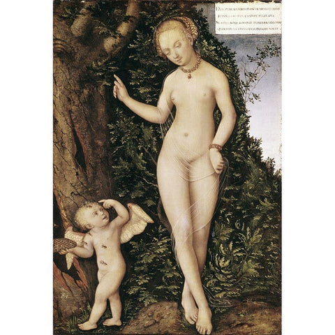 Venus and Cupid With Bee Hive Gold Ornate Wood Framed Art Print with Double Matting by Cranach, Lucas