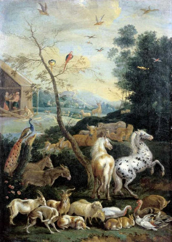 Animals Assembling before the Flood White Modern Wood Framed Art Print with Double Matting by De Hondt, Lambert