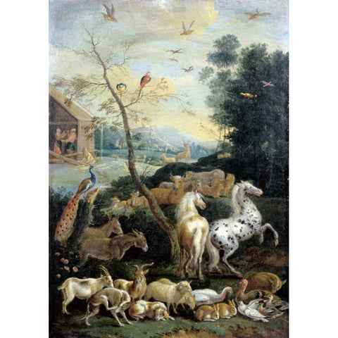 Animals Assembling before the Flood Black Modern Wood Framed Art Print with Double Matting by De Hondt, Lambert