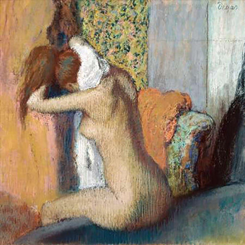 After the Bath White Modern Wood Framed Art Print with Double Matting by Degas, Edgar