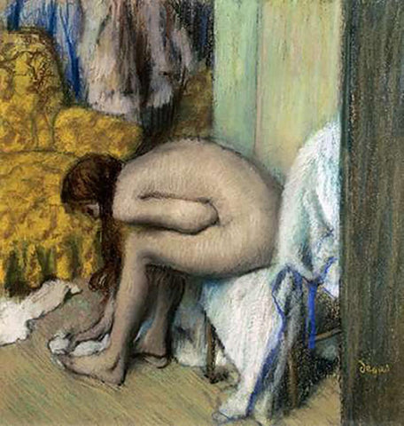 After the Bath, Woman Drying Her Feet, 1886 White Modern Wood Framed Art Print with Double Matting by Degas, Edgar