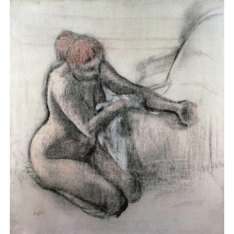 Nude Woman Drying Herself After The Bath Black Modern Wood Framed Art Print by Degas, Edgar