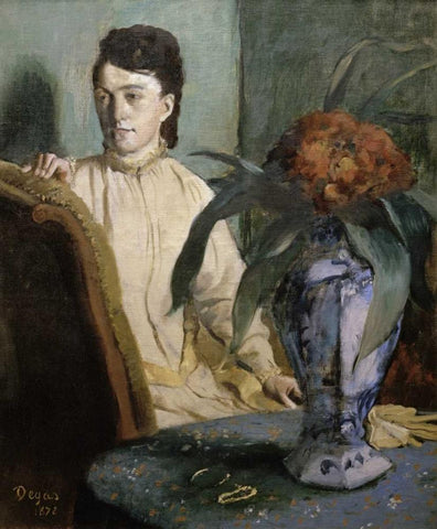 Woman with Porcelain Vase White Modern Wood Framed Art Print with Double Matting by Degas, Edgar