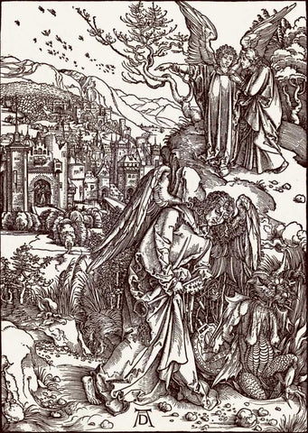 The New Jerusalem and the Bottomless Pit White Modern Wood Framed Art Print with Double Matting by Durer, Albrecht