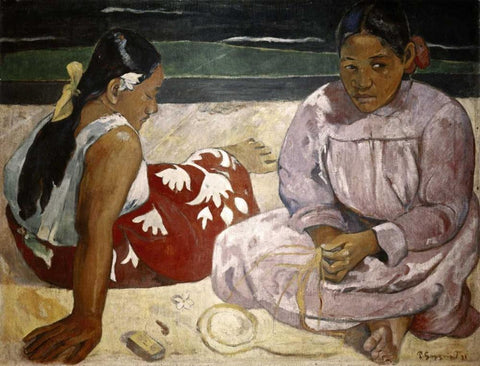 Tahitian Women - On The Beach Black Ornate Wood Framed Art Print with Double Matting by Gauguin, Paul