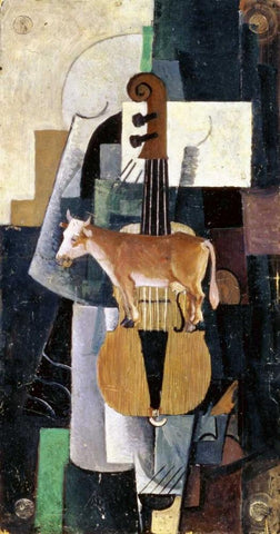 Cow and Violin, 1913 Black Ornate Wood Framed Art Print with Double Matting by Malevich, Kazimir