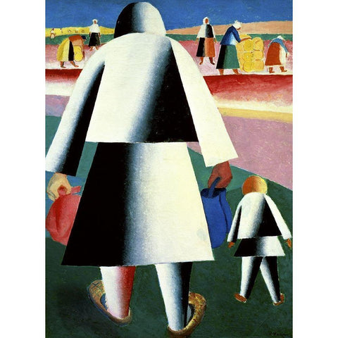 To The Harvest, Marfa and Wanka Black Modern Wood Framed Art Print with Double Matting by Malevich, Kazimir