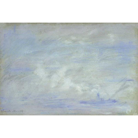 Boat on the Thames, Impression of Mist White Modern Wood Framed Art Print by Monet, Claude