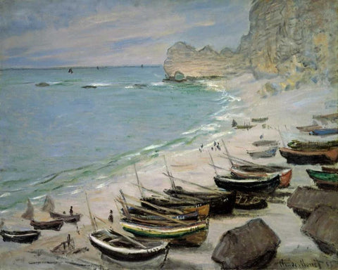 Boats on the Beach at Etretat, 1883 White Modern Wood Framed Art Print with Double Matting by Monet, Claude