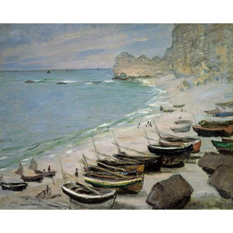Boats on the Beach at Etretat, 1883 Black Modern Wood Framed Art Print by Monet, Claude