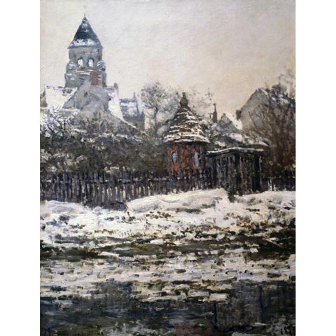 Church at Vetheuil, Winter Gold Ornate Wood Framed Art Print with Double Matting by Monet, Claude