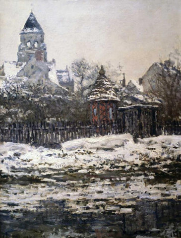 Church at Vetheuil, Winter White Modern Wood Framed Art Print with Double Matting by Monet, Claude