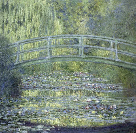 Japanese Bridge White Modern Wood Framed Art Print with Double Matting by Monet, Claude