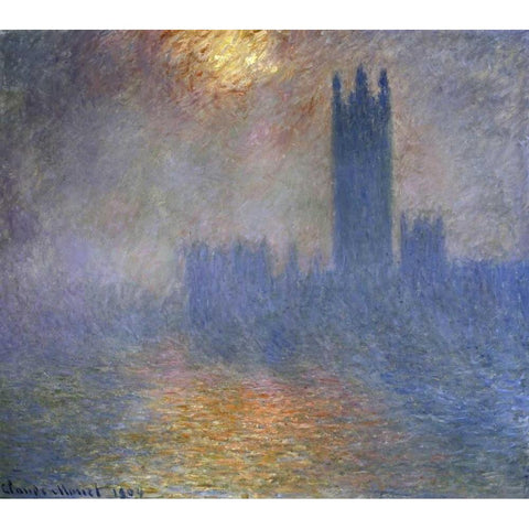 London Parliament - Patch of Sun in the Fog White Modern Wood Framed Art Print by Monet, Claude